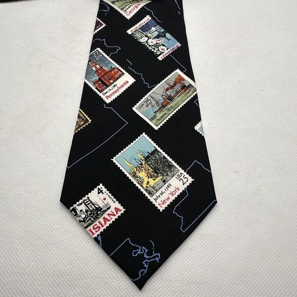 VTG Nicole Miller Silk Necktie Mens‎ Black Novelty State Stamps USA 57"x 4" NWT - Picture 8 of 15
